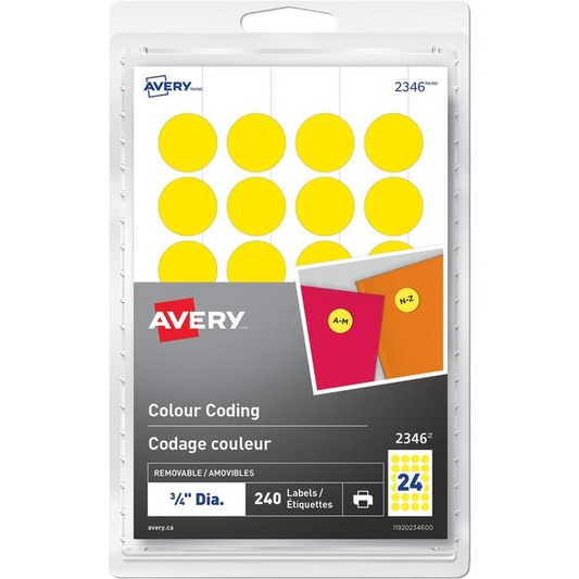 2346 Avery® Removable Colour Coding Labels for Laser and Inkjet Printers, ¾"  Yellow / Removable