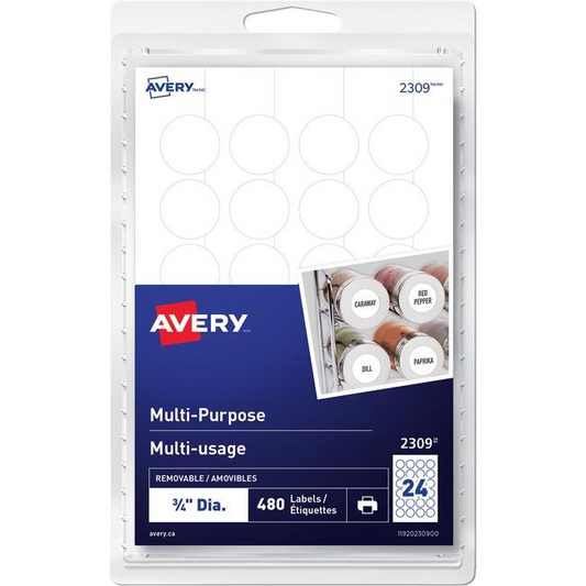 Avery® Multi-Purpose Removable Labels for laser and inkjet printers, ¾"  Removable Matte White Paper / White / Removable