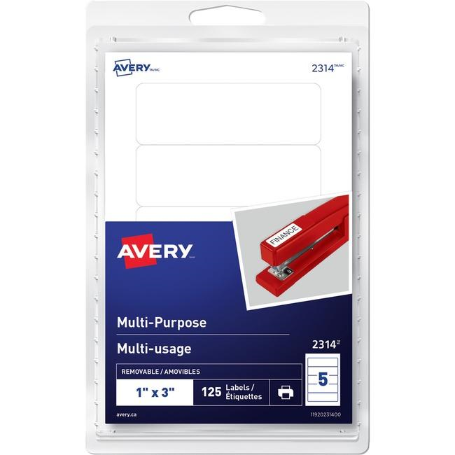 Avery® Multi-Purpose Removable Labels for Laser and Inkjet Printers, 1" x 3"  Removable Matte White Paper / White / Removable