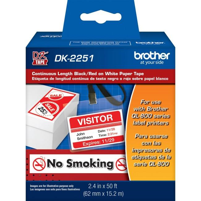 Brother DK-2251 Continuous Paper Tape - 2.4 in x 50 ft (62 mm x 15.2 m) Black/Red on White