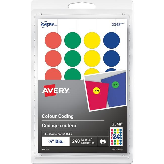 2348 Avery® Removable Colour Coding Labels for Laser and Inkjet Printers, ¾"  Assorted Colours / Removable