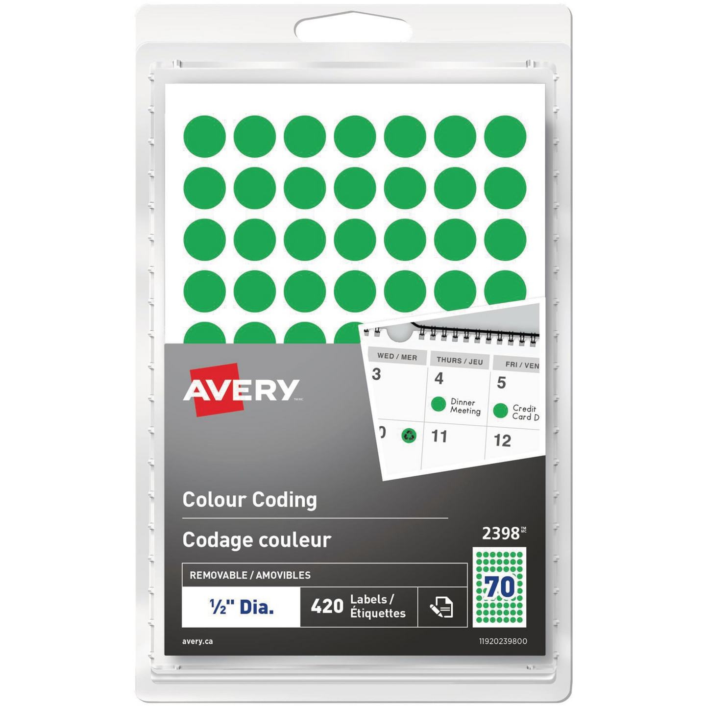 2398 Avery® Removable Colour Coding Labels Handwrite, ½"  Green / Removable