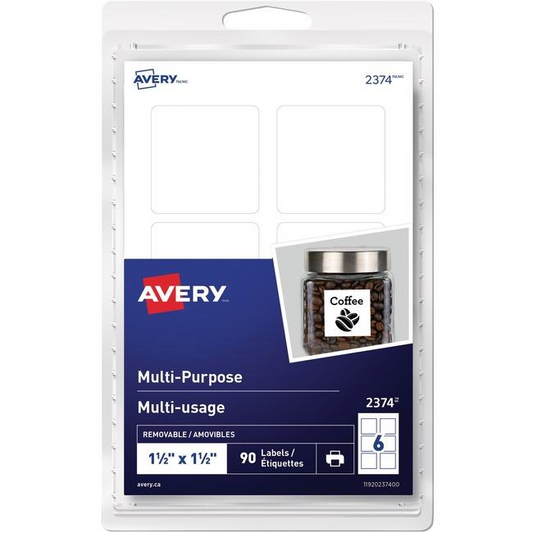 2374 Avery® Multi-Purpose Removable Labels for Laser and Inkjet Printers, 1½" x 1½"  Removable Matte White Paper / White / Removable